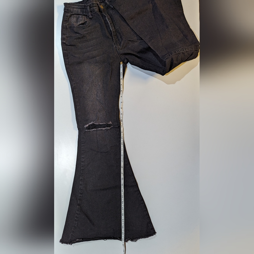 Women's M Black Super Flare Bell Bottom Jean Distressed Knee Super Stretchy - Picture 8 of 8